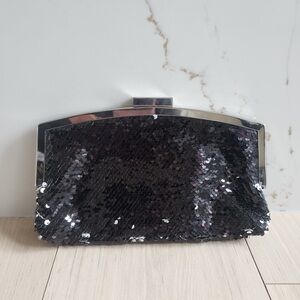 Henri Bendel Frame Party Clutch Black White Reversible Sequins Formal Bag